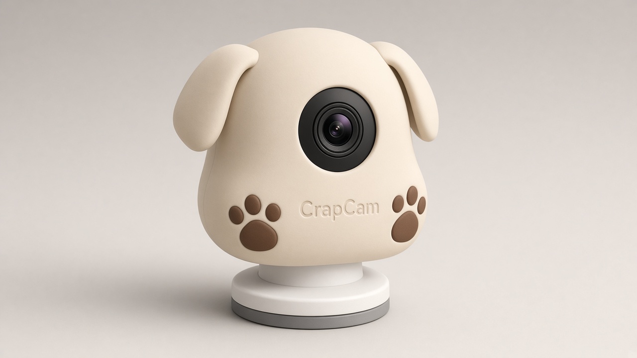 CrapCam camera in the cream Pup silicone cover shaped like a dog's head